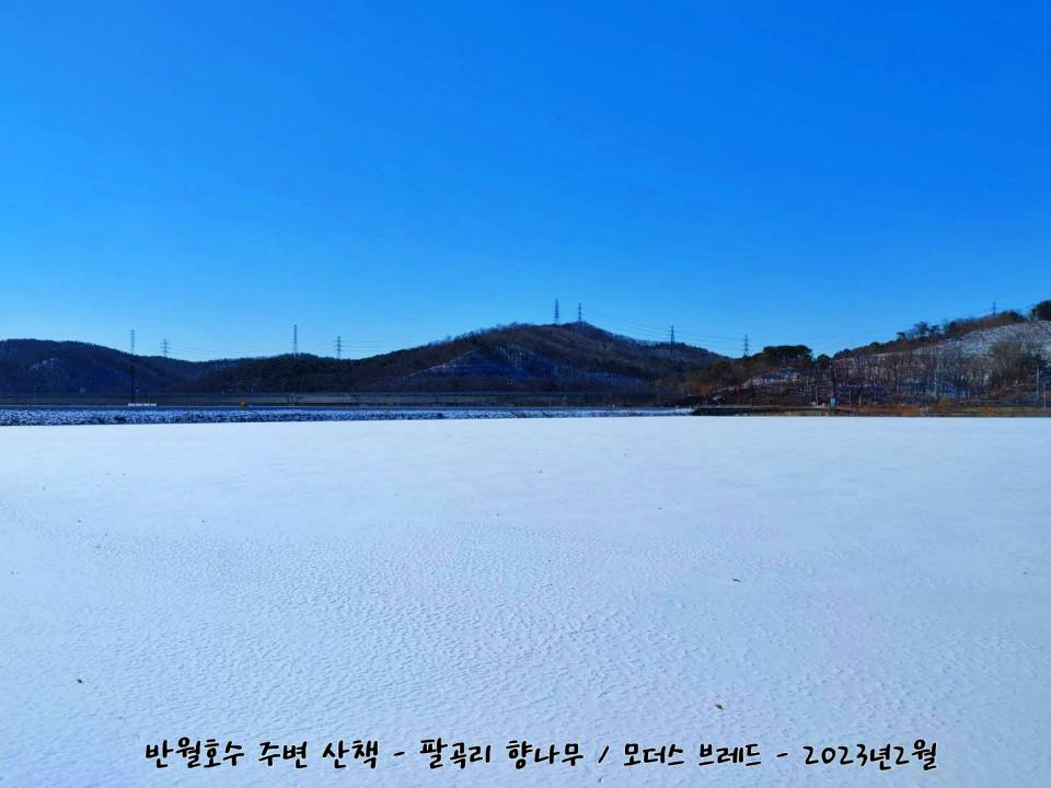 겨울 눈내리고 얼어붙은 반월호수 산책로